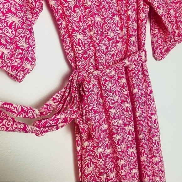 BODEN Womans Romy Pink White Jersey Midi Dress Palm Print Ruffle Trim 12 R - Picture 7 of 14